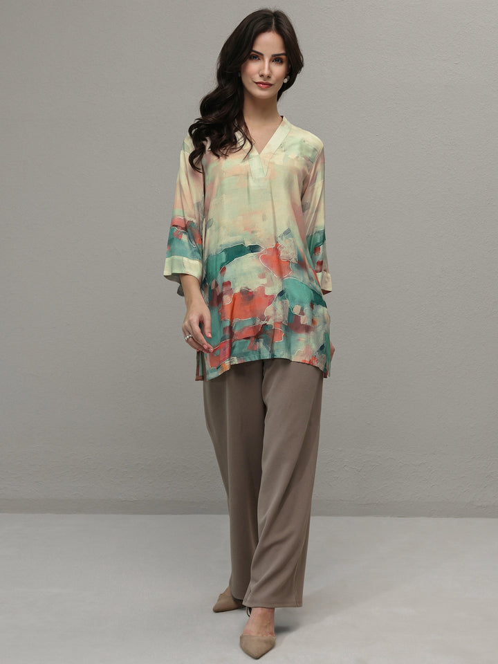 Beige Abstract Printed Muslin Straight Short Kurti