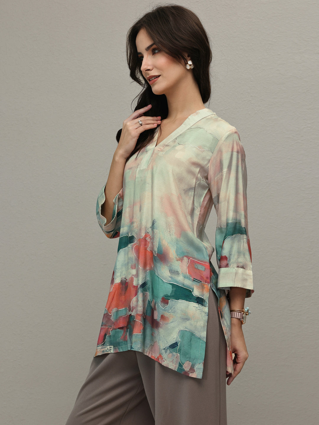 Beige Abstract Printed Muslin Straight Short Kurti
