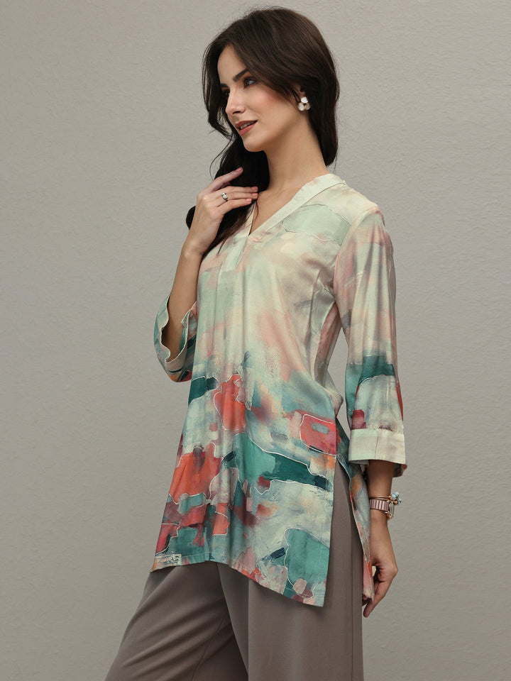 Beige Abstract Printed Muslin Straight Short Kurti