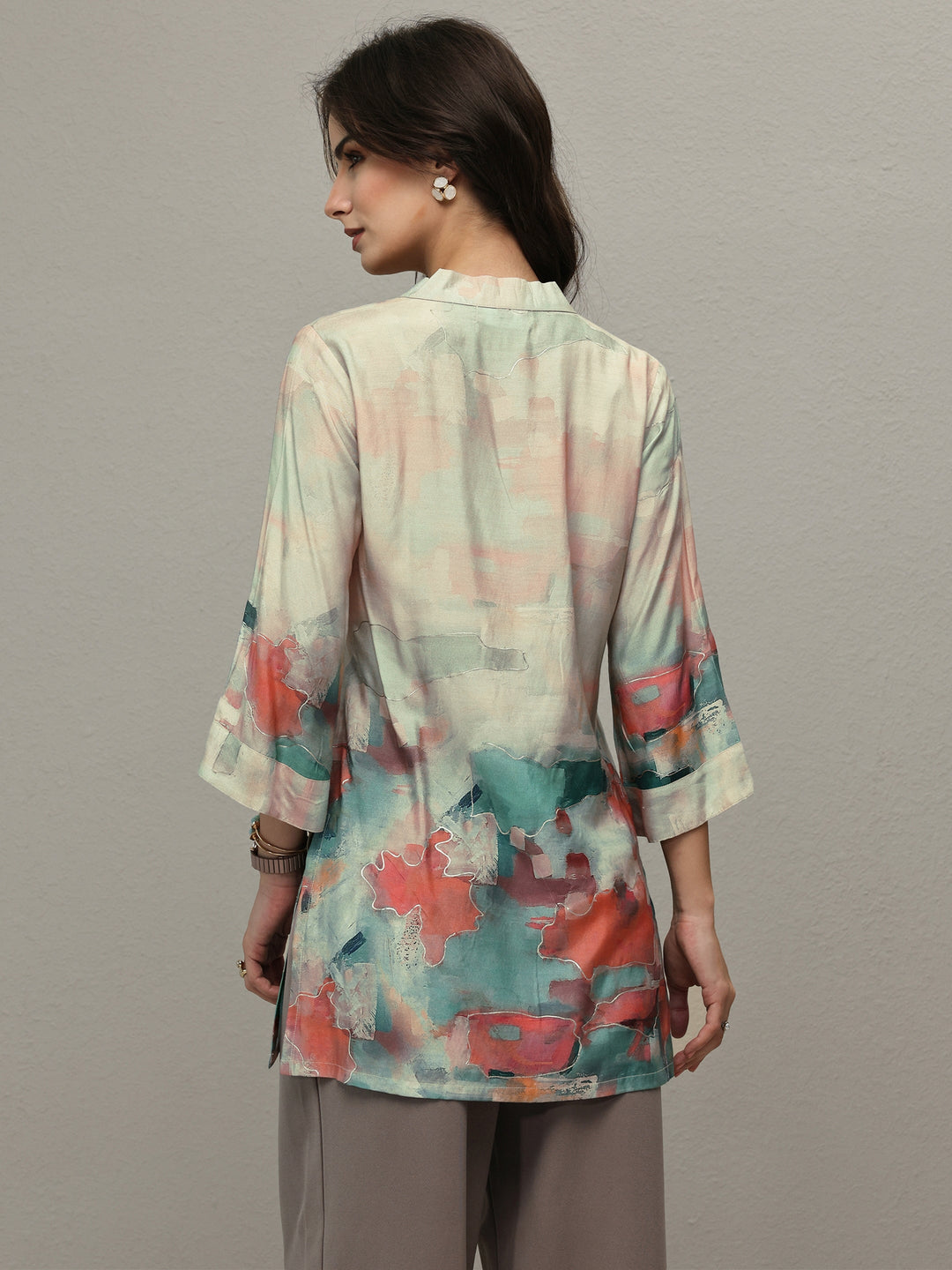Beige Abstract Printed Muslin Straight Short Kurti