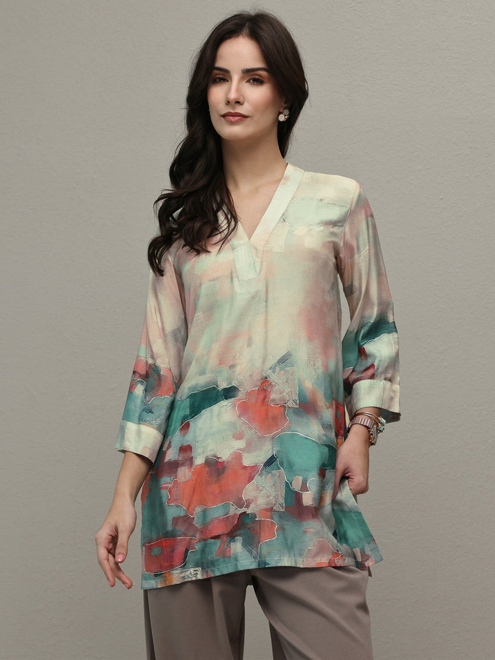 Beige Abstract Printed Muslin Straight Short Kurti