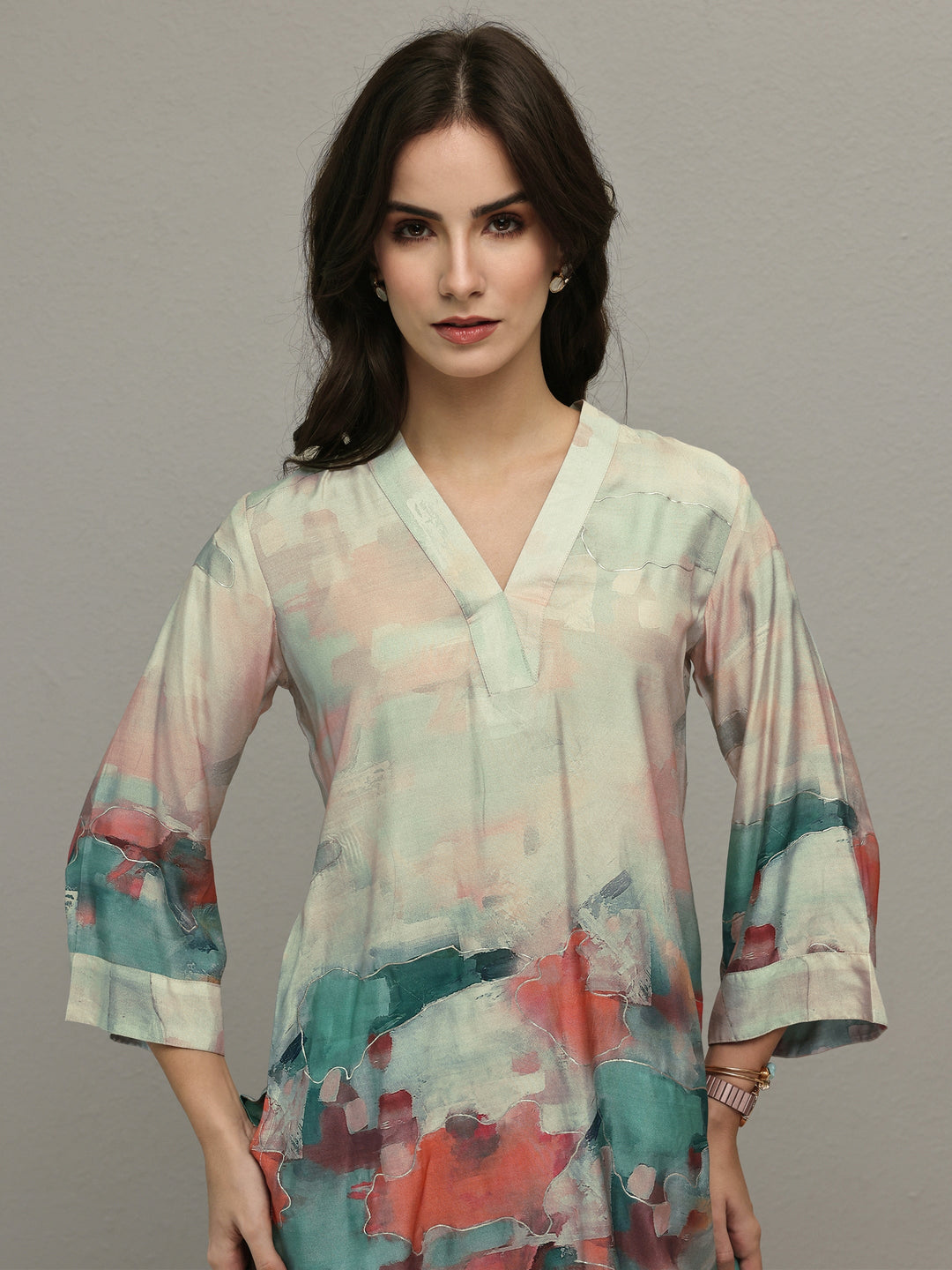 Beige Abstract Printed Muslin Straight Short Kurti