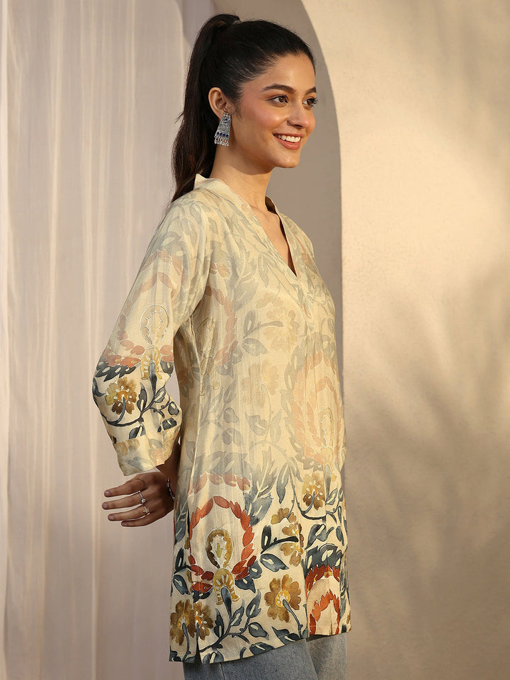 Beige Printed Muslin Straight Short Kurti