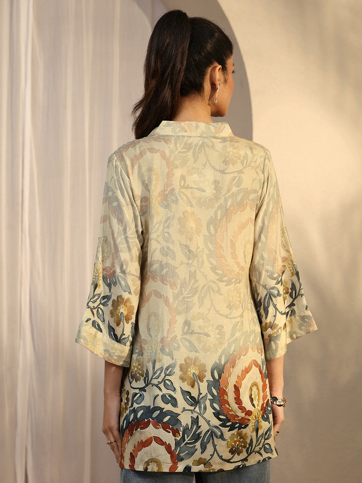 Beige Printed Muslin Straight Short Kurti