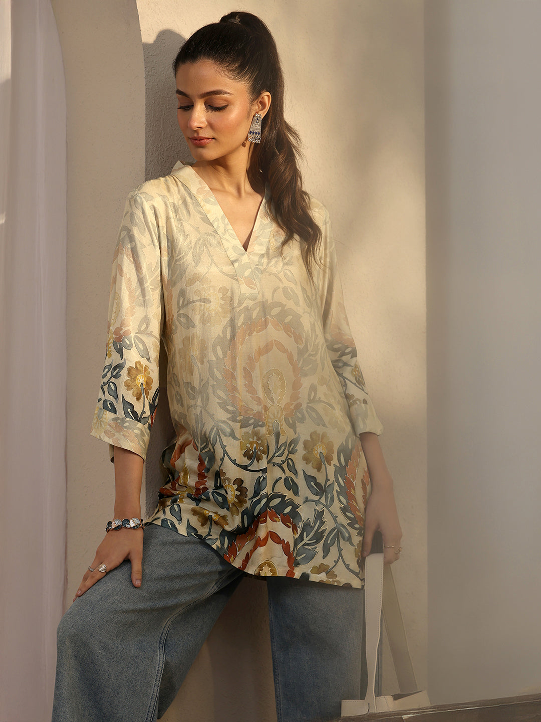 Beige Printed Muslin Straight Short Kurti