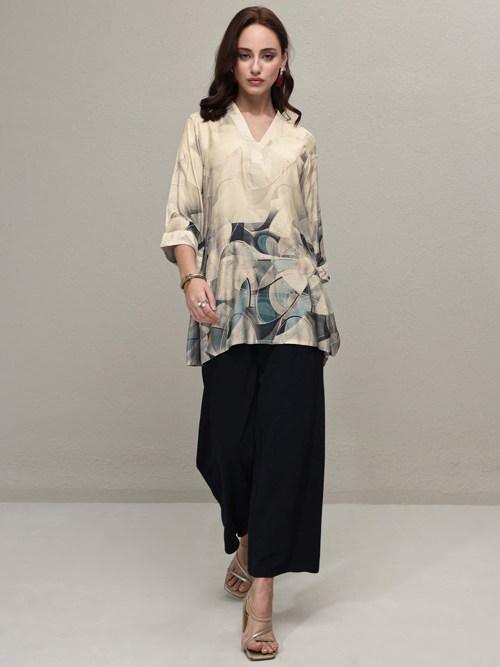 Grey Abstract Printed Muslin Straight Short Kurti
