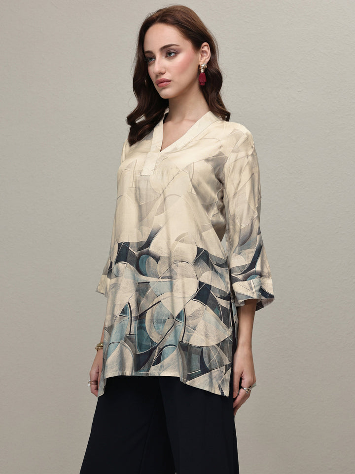Grey Abstract Printed Muslin Straight Short Kurti