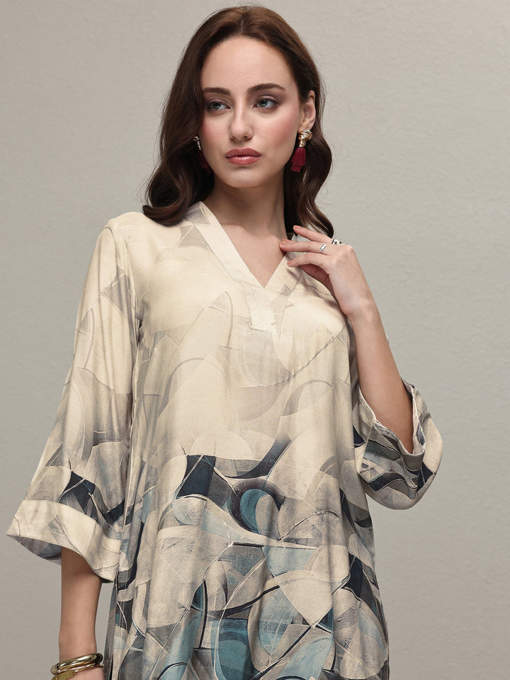 Grey Abstract Printed Muslin Straight Short Kurti