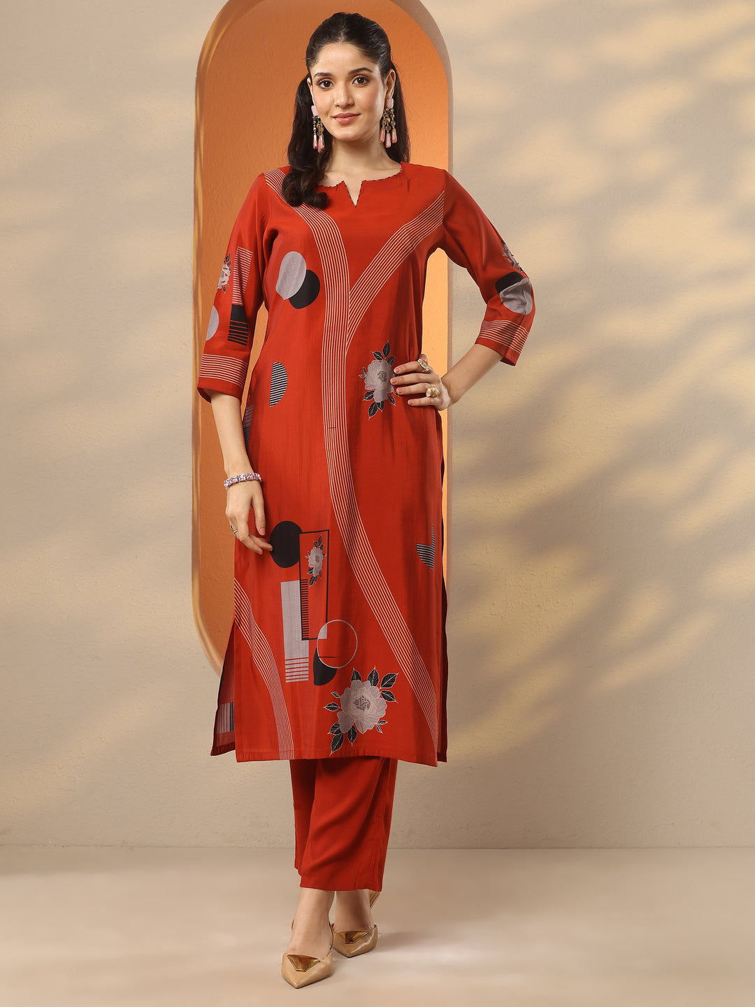 Rust Printed Silk Blend Straight Kurta