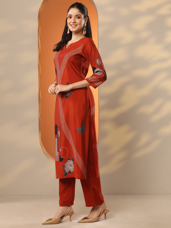 Rust Printed Silk Blend Straight Kurta