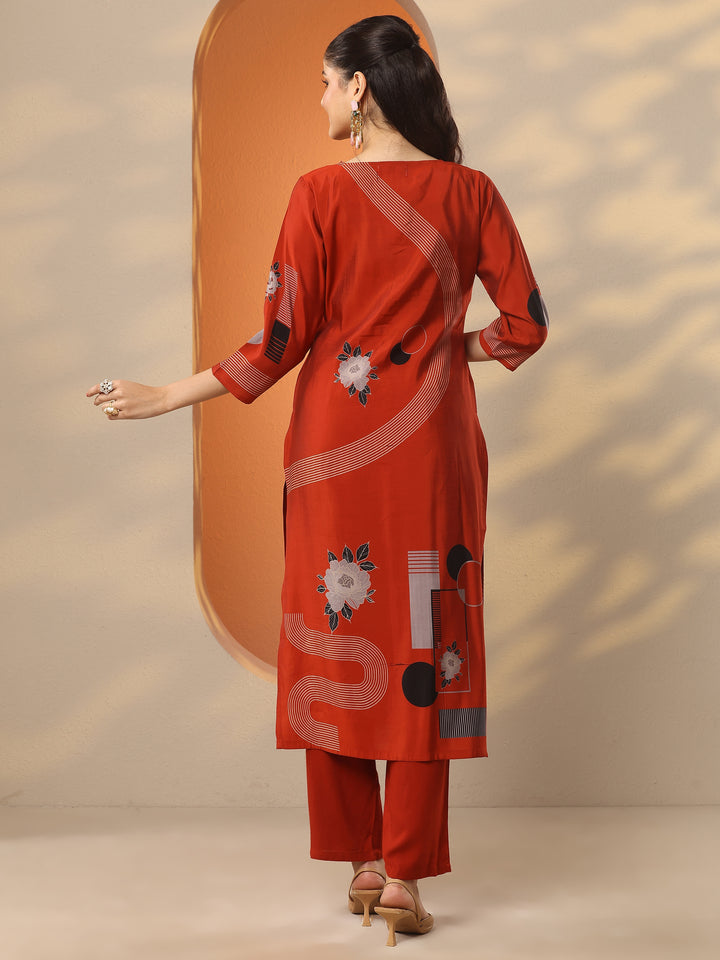 Rust Printed Silk Blend Straight Kurta