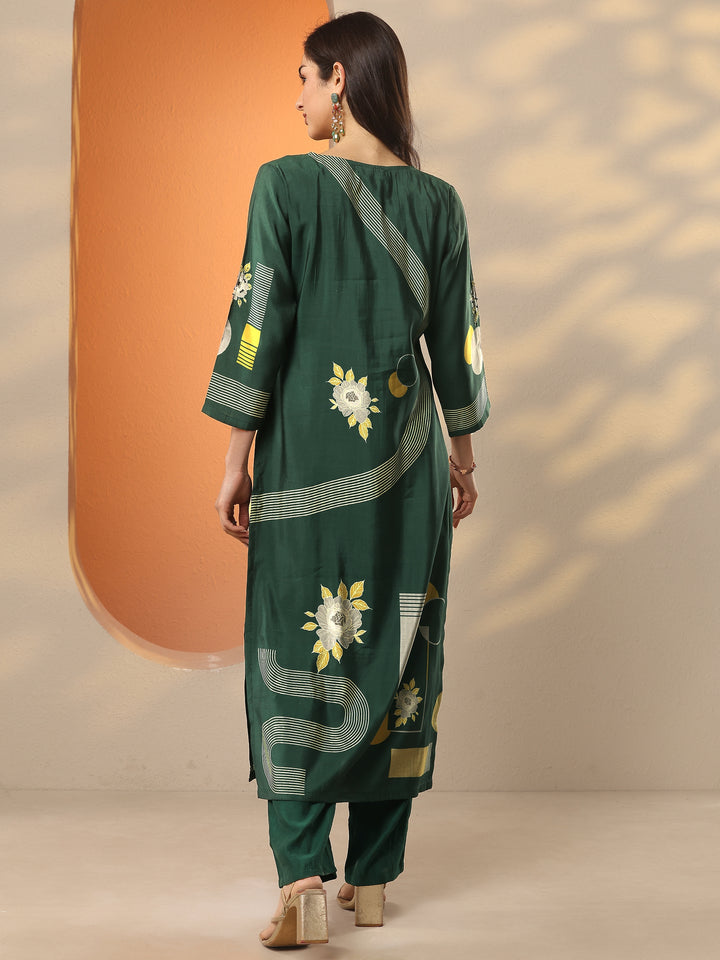 Green Printed Silk Blend Straight Kurta