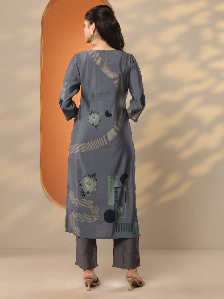 Grey Printed Silk Blend Straight Kurta