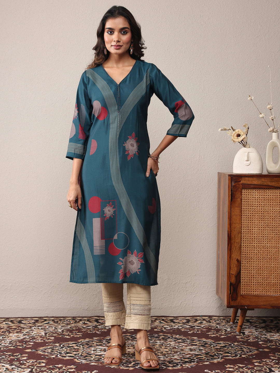 Blue Floral Printed Silk Blend Straight Kurta