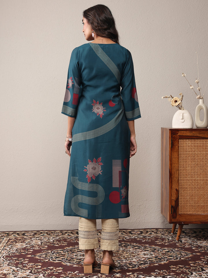 Blue Floral Printed Silk Blend Straight Kurta