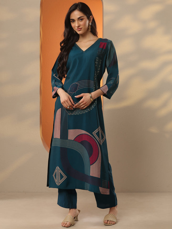 Blue Printed Silk Blend Straight Kurta