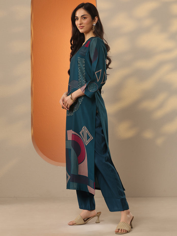 Blue Printed Silk Blend Straight Kurta