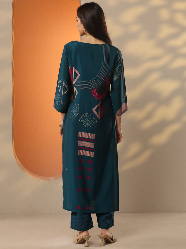 Blue Printed Silk Blend Straight Kurta