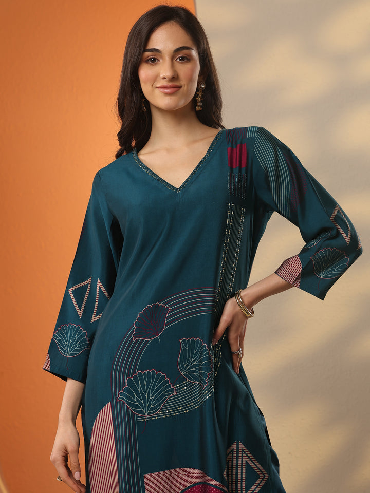Blue Printed Silk Blend Straight Kurta