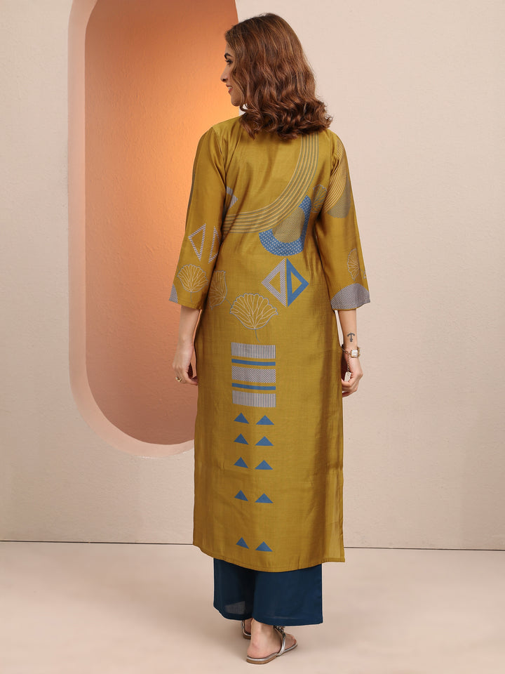 Mustard Printed Silk Blend Straight Kurta