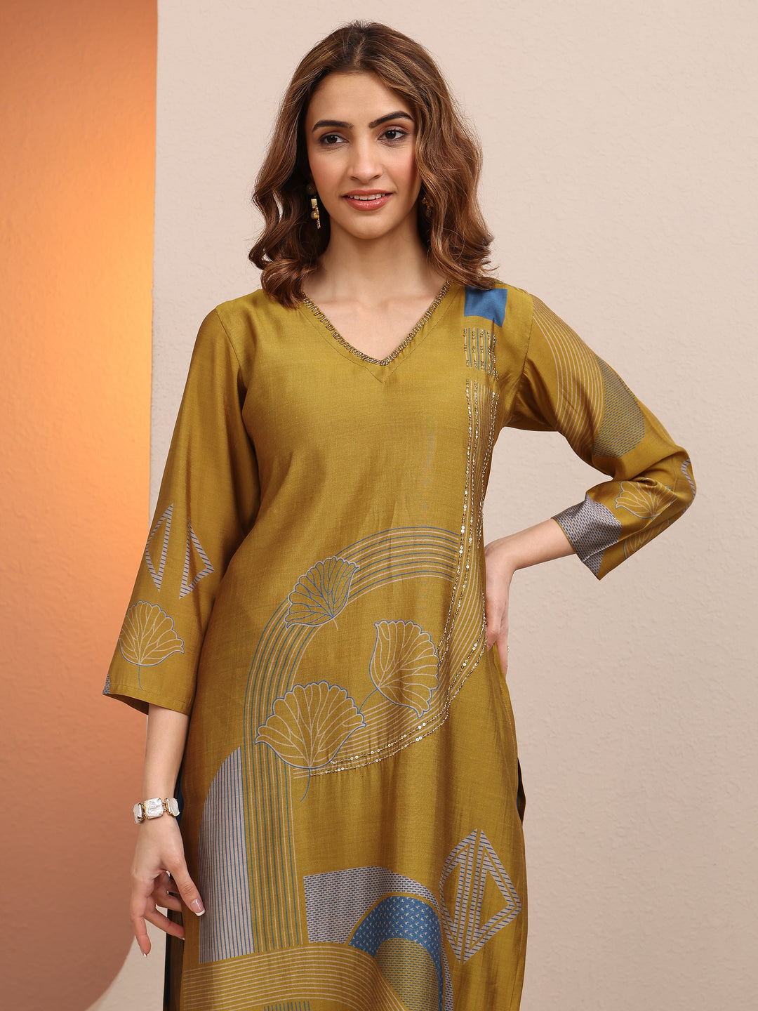 Mustard Printed Silk Blend Straight Kurta