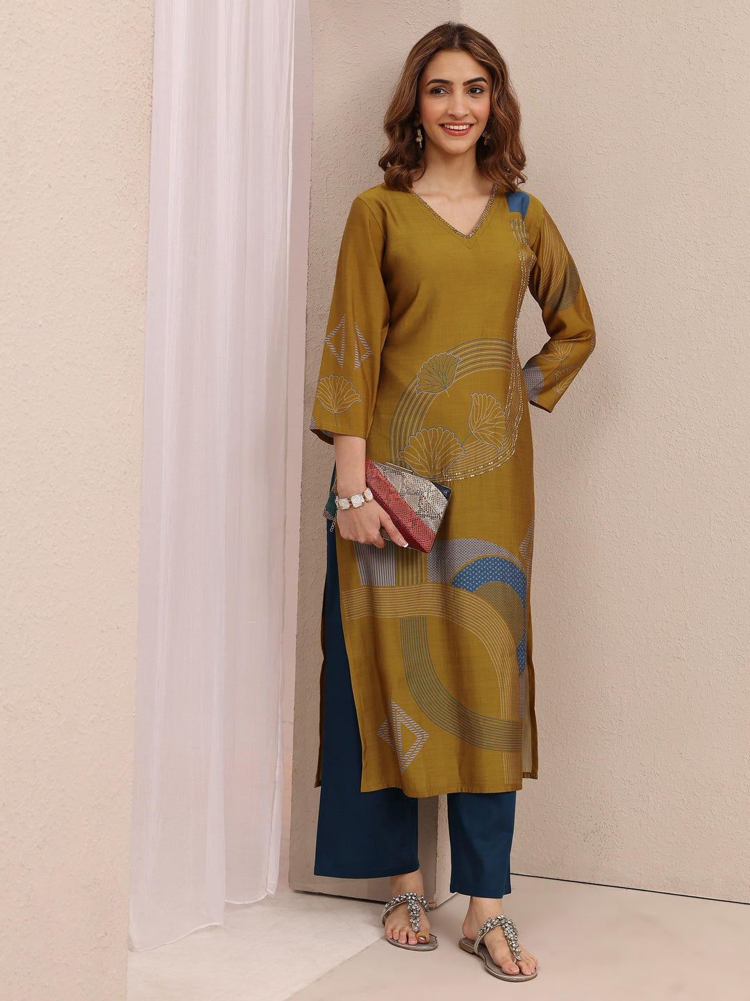Mustard Printed Silk Blend Straight Kurta