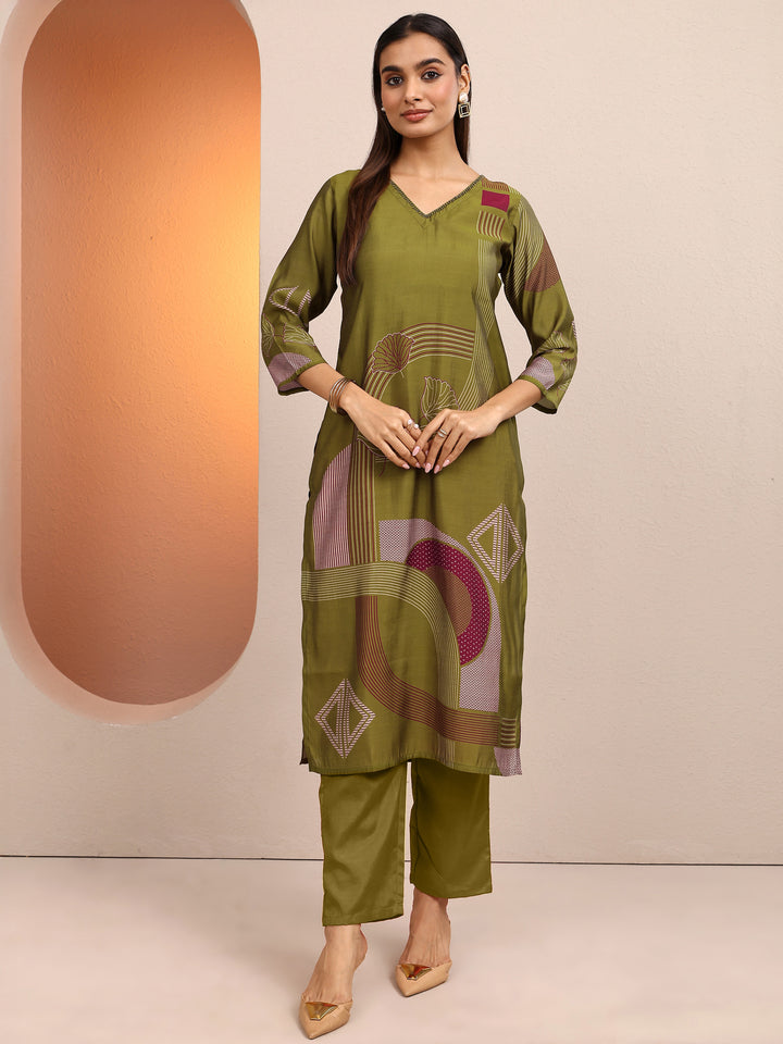 Olive Printed Silk Blend Straight Kurta
