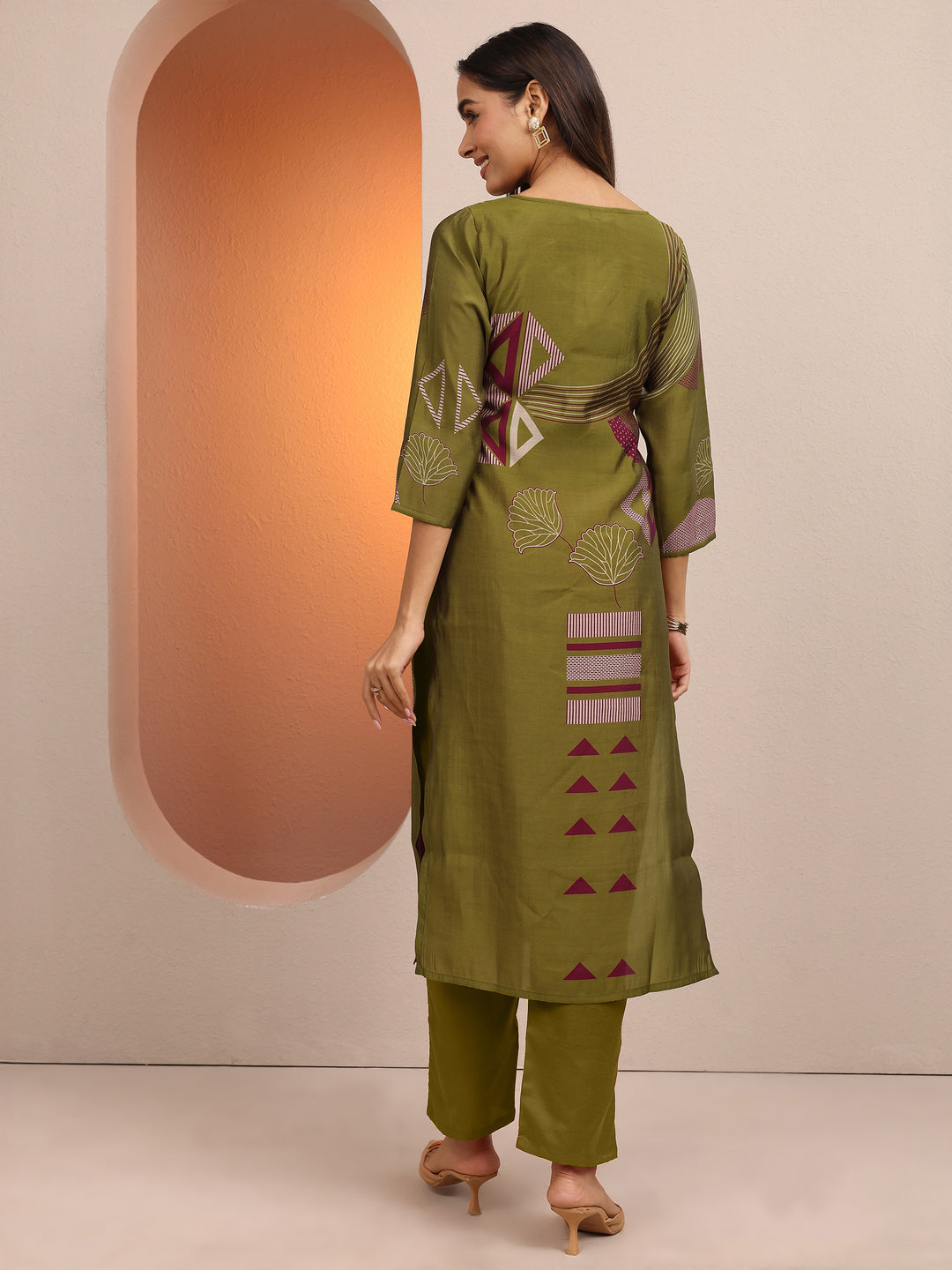 Olive Printed Silk Blend Straight Kurta