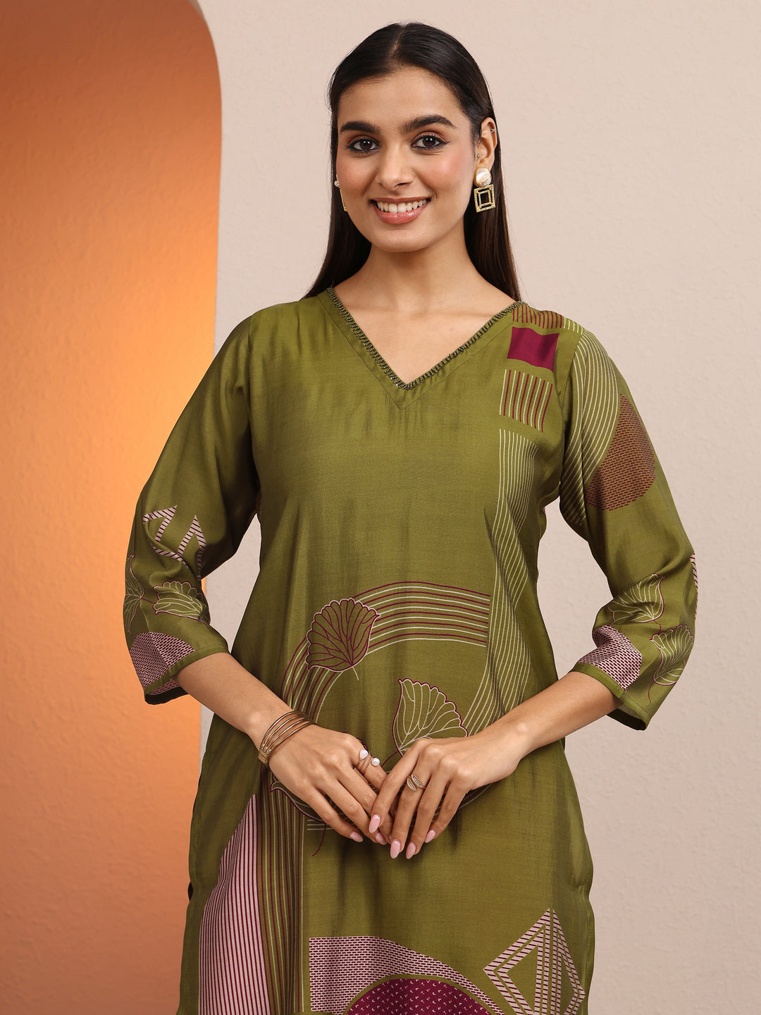 Olive Printed Silk Blend Straight Kurta