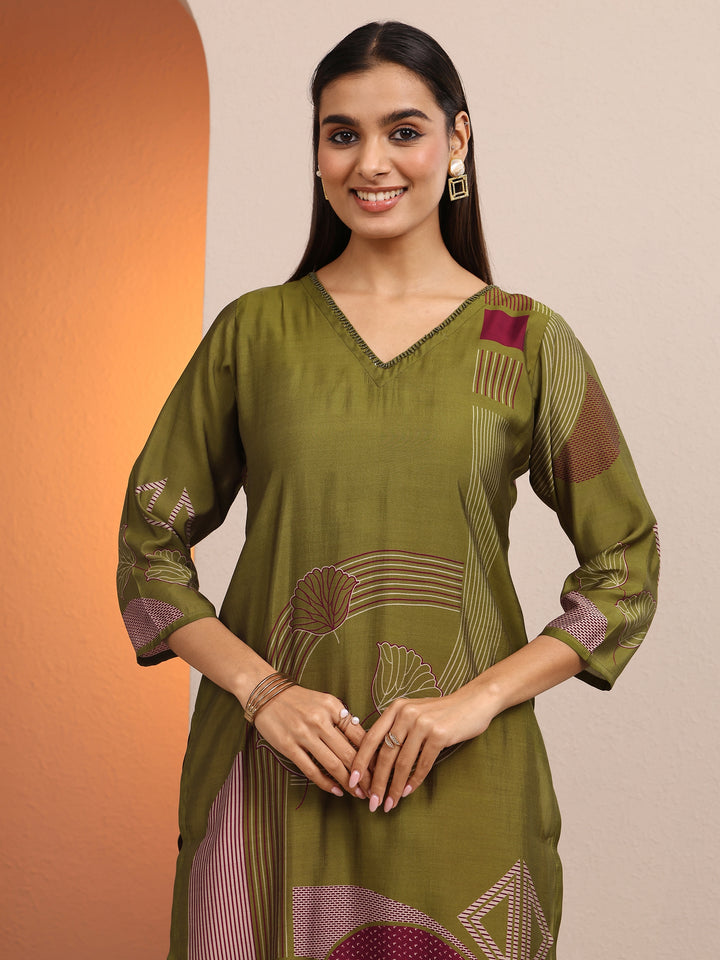 Olive Printed Silk Blend Straight Kurta
