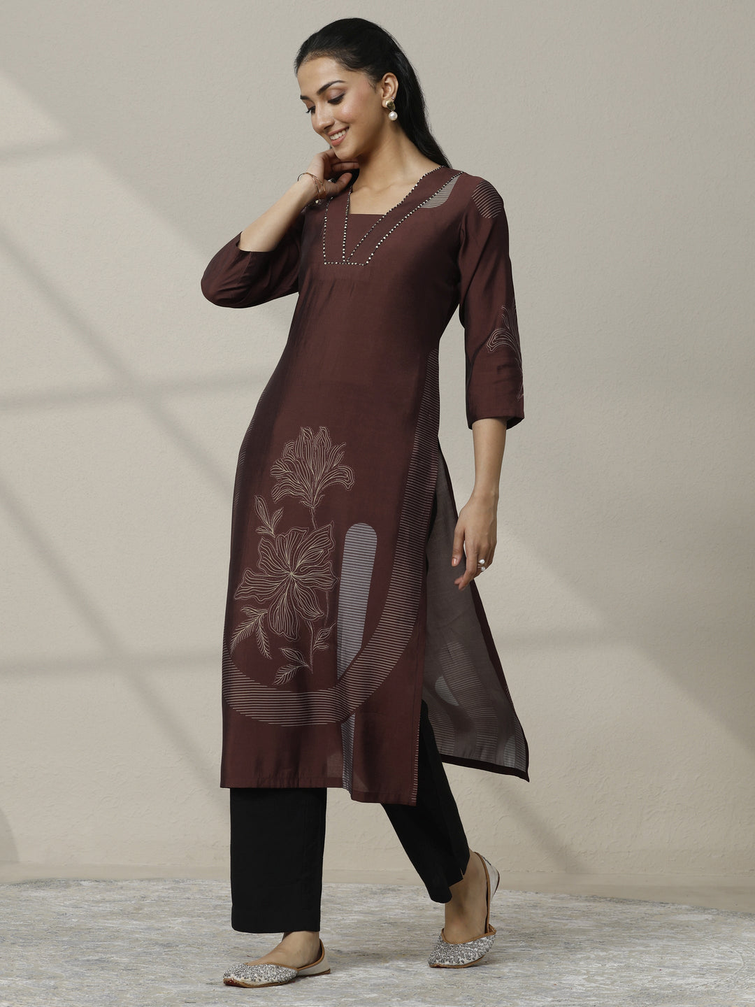 Brown Printed Silk Blend Straight Kurta