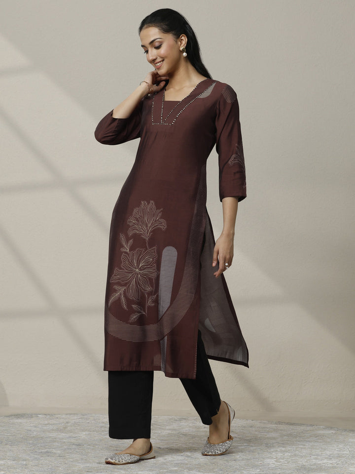 Brown Printed Silk Blend Straight Kurta