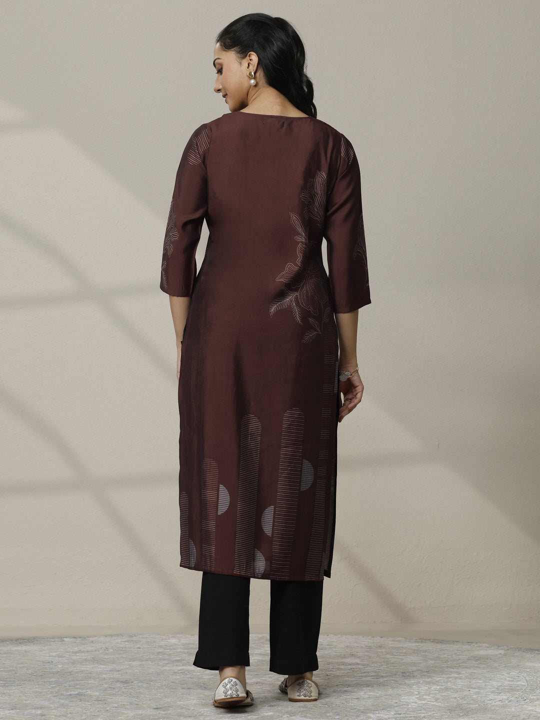 Brown Printed Silk Blend Straight Kurta