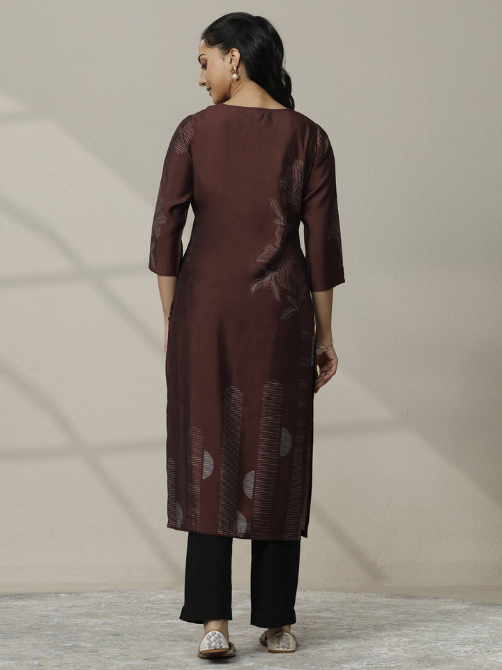 Brown Printed Silk Blend Straight Kurta