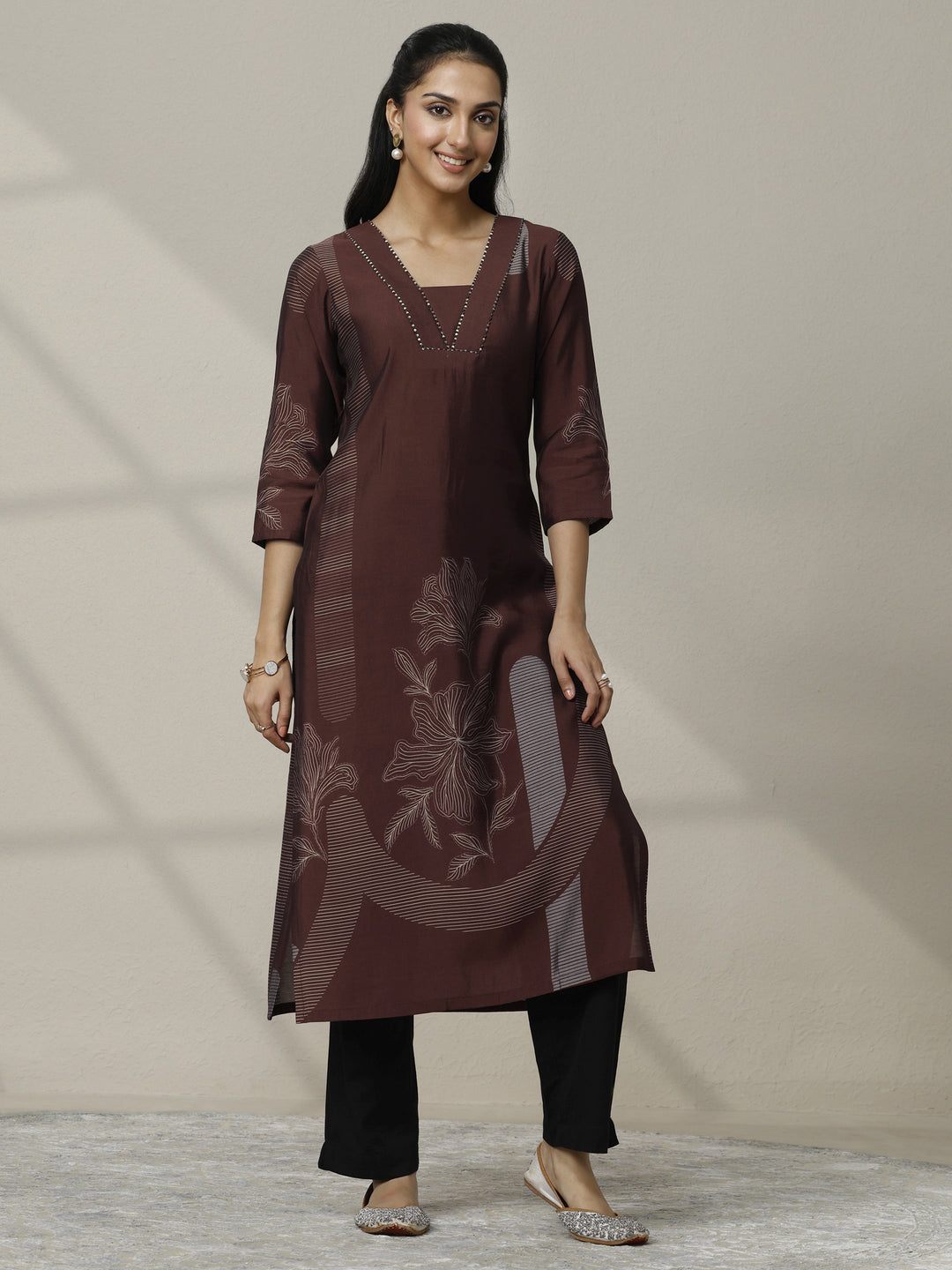Brown Printed Silk Blend Straight Kurta