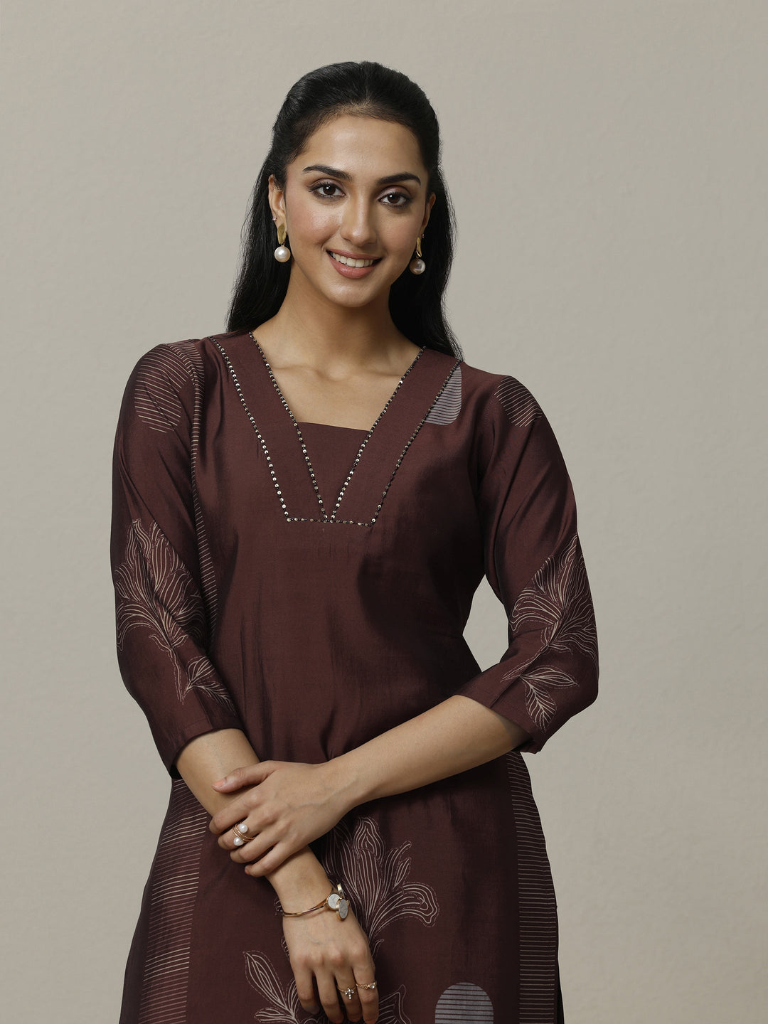 Brown Printed Silk Blend Straight Kurta