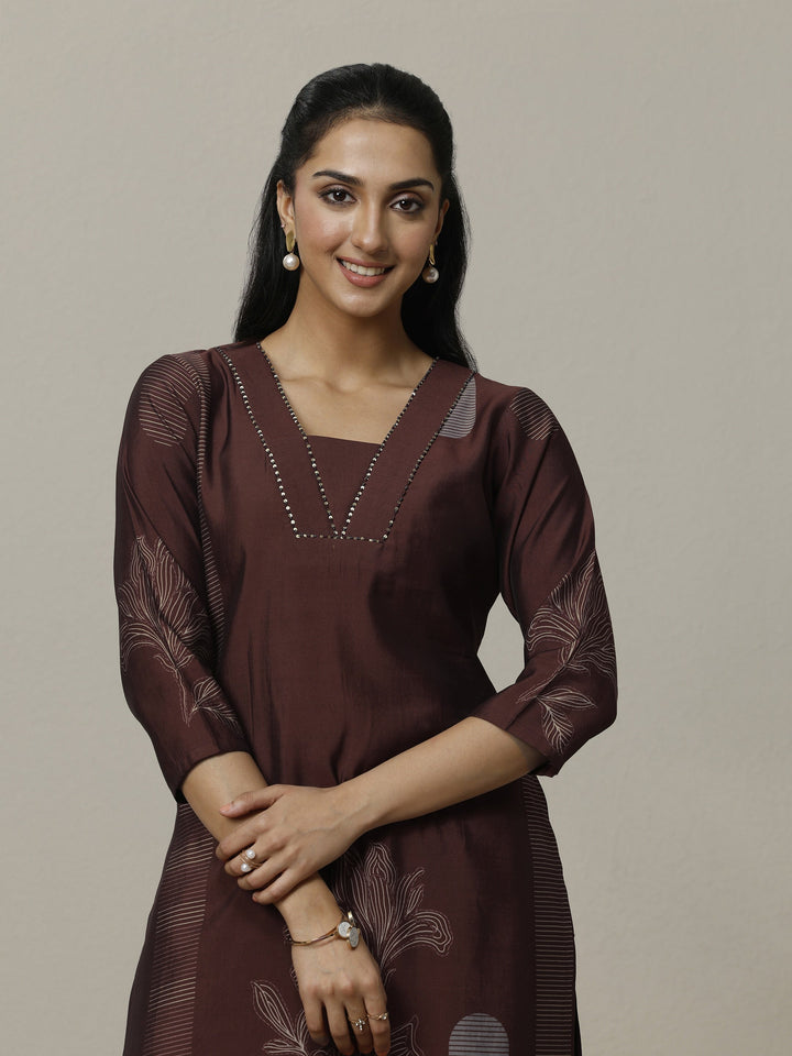 Brown Printed Silk Blend Straight Kurta