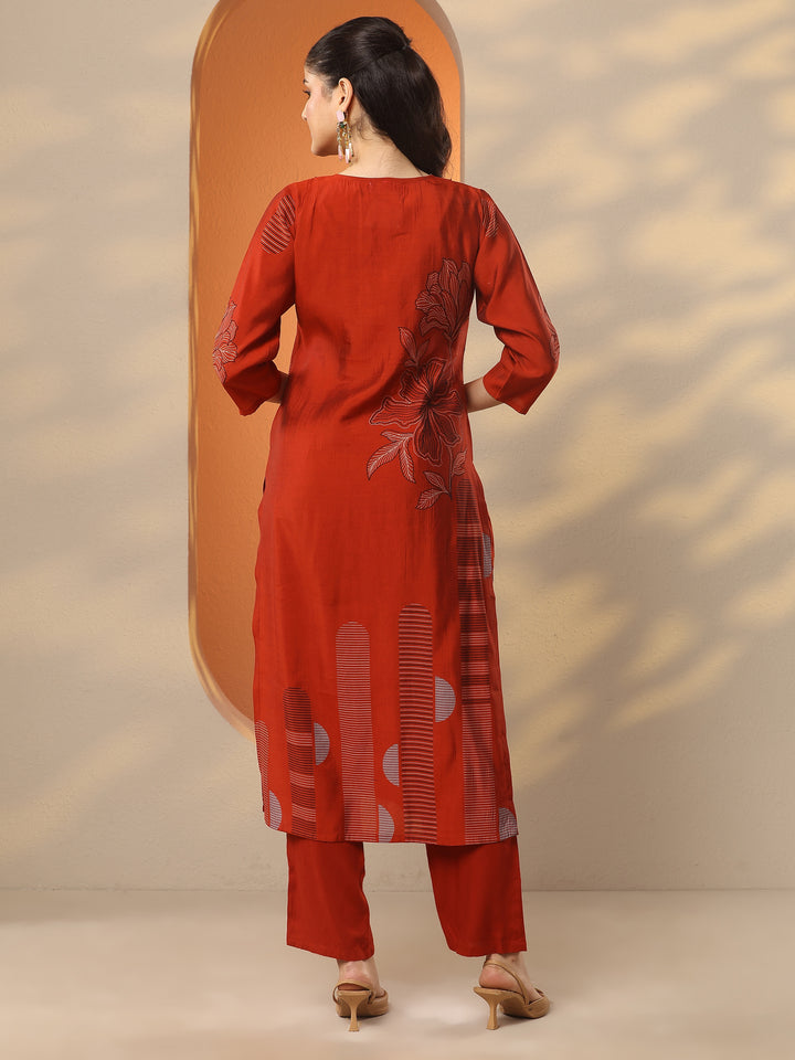 Rust Printed Silk Blend Straight Kurta
