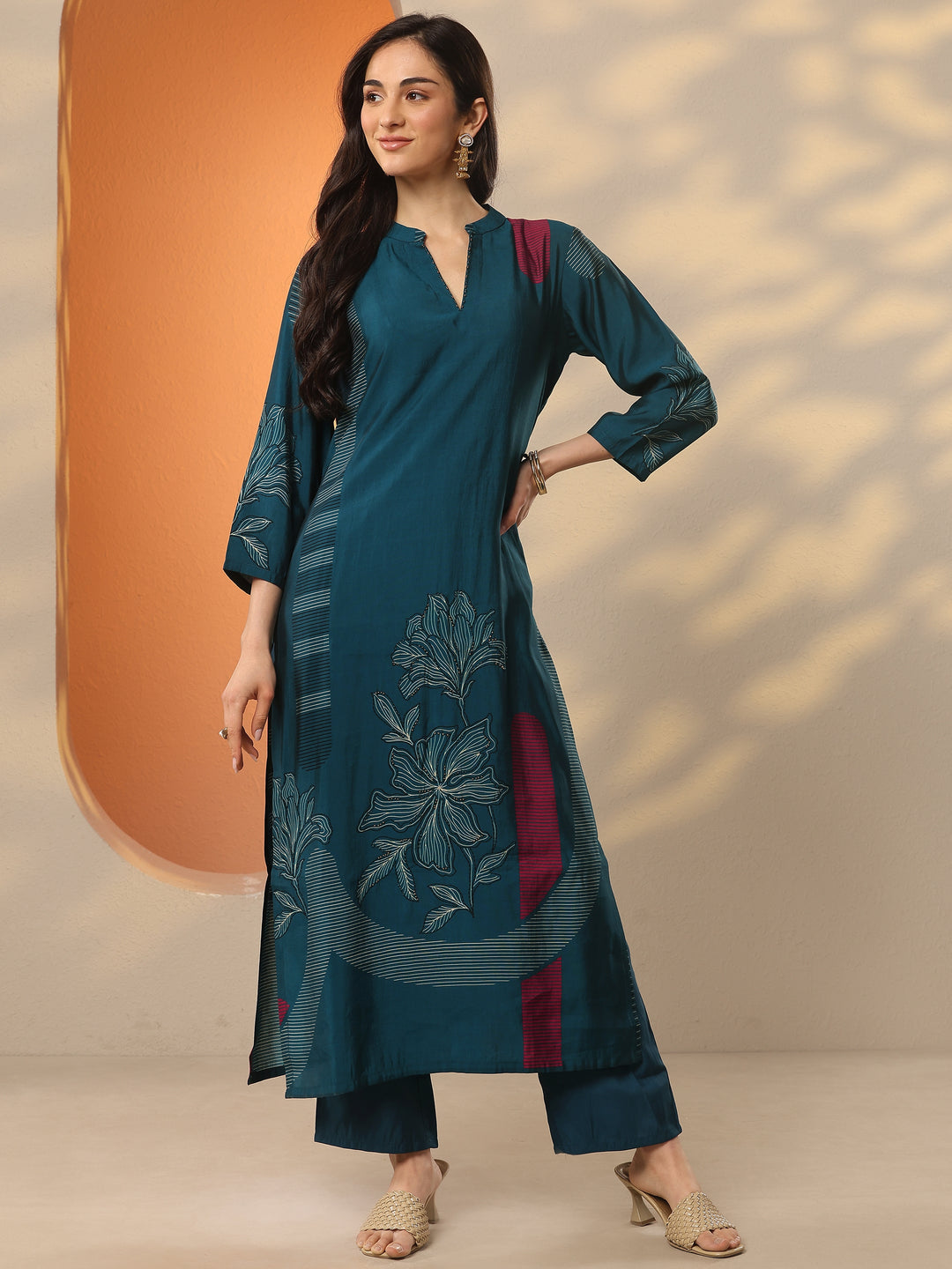 Blue Printed Silk Blend Straight Kurta