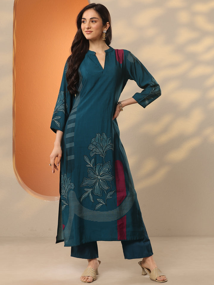 Blue Printed Silk Blend Straight Kurta