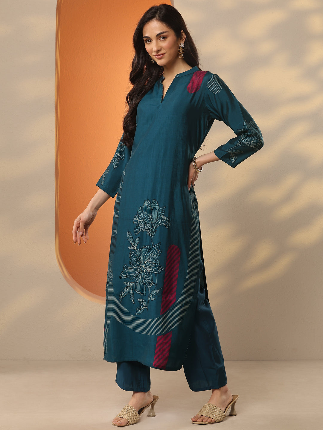 Blue Printed Silk Blend Straight Kurta