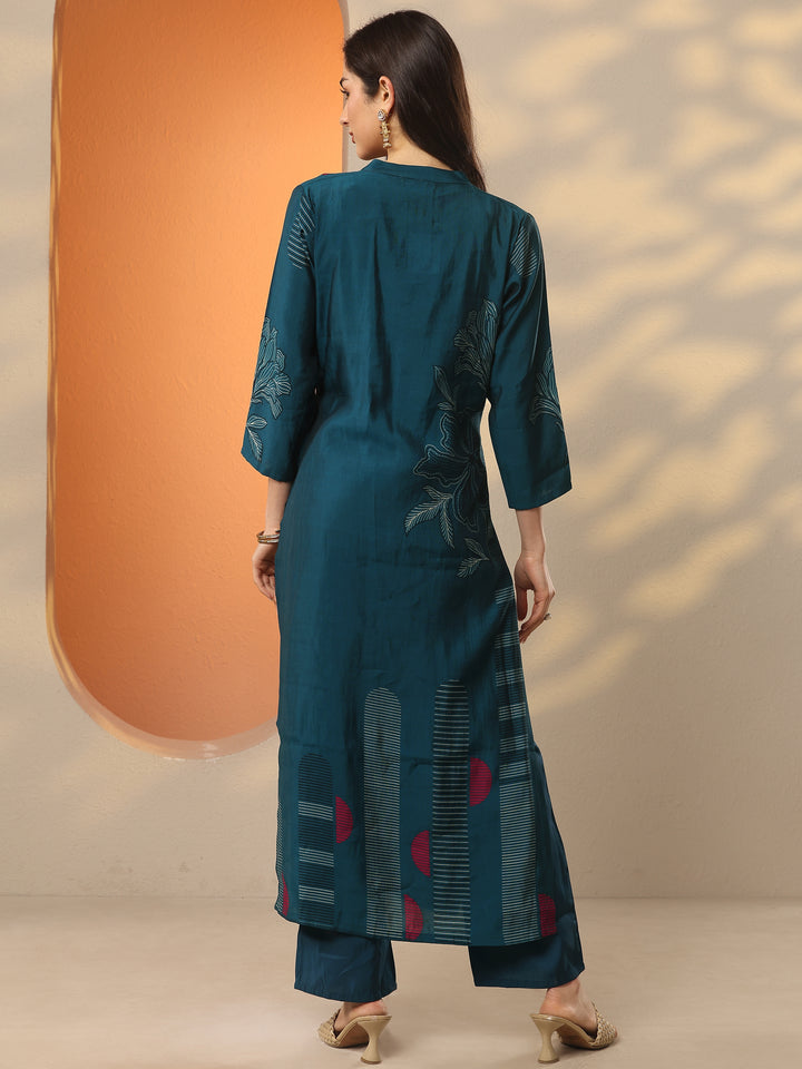 Blue Printed Silk Blend Straight Kurta