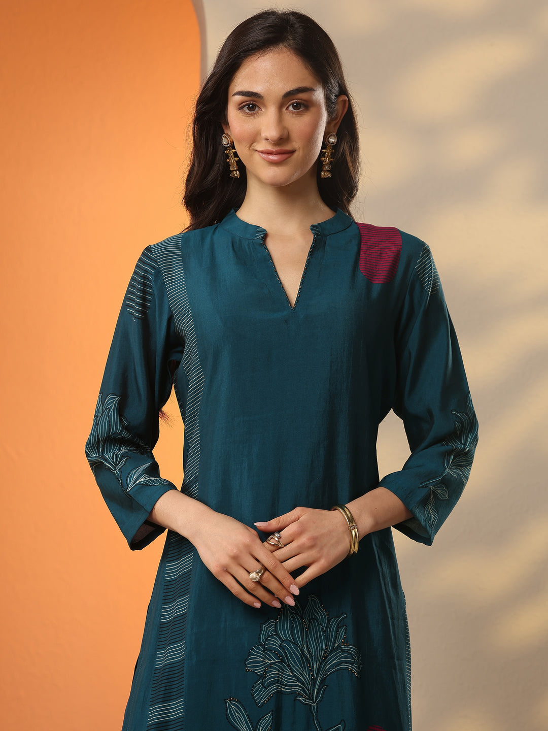 Blue Printed Silk Blend Straight Kurta