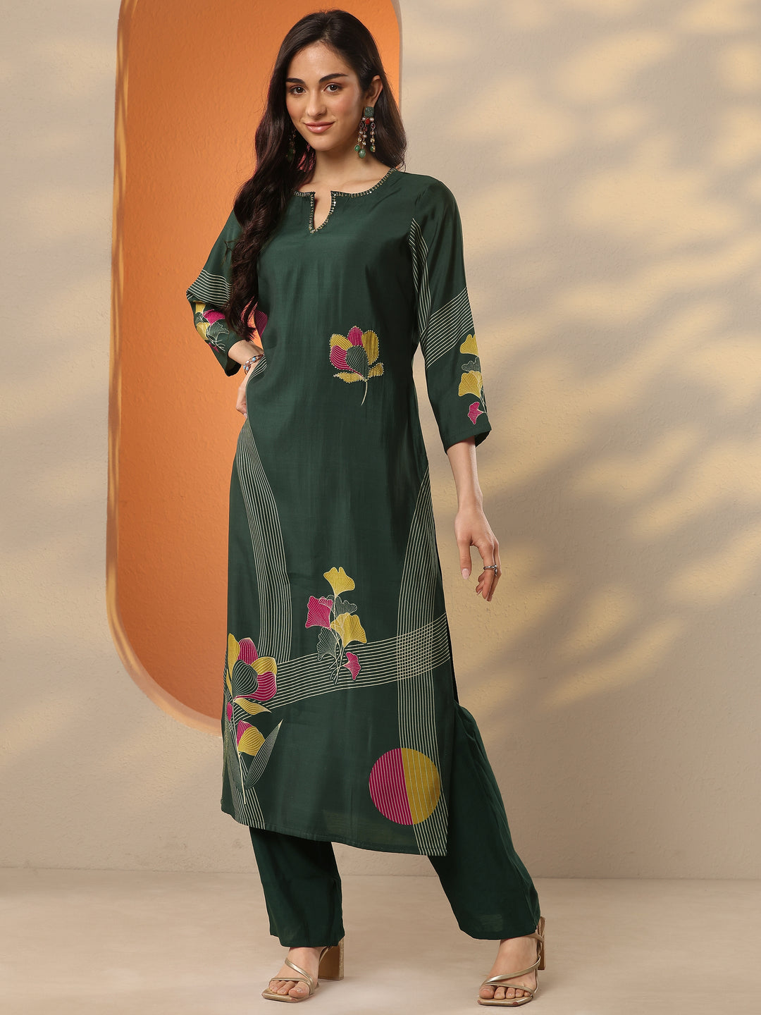 Green Printed Silk Blend Straight Kurta