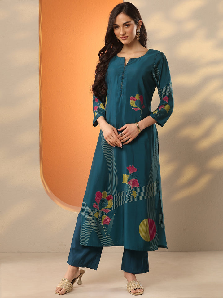 Blue Printed Silk Blend Straight Kurta