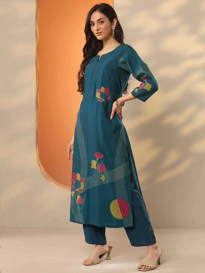 Blue Printed Silk Blend Straight Kurta