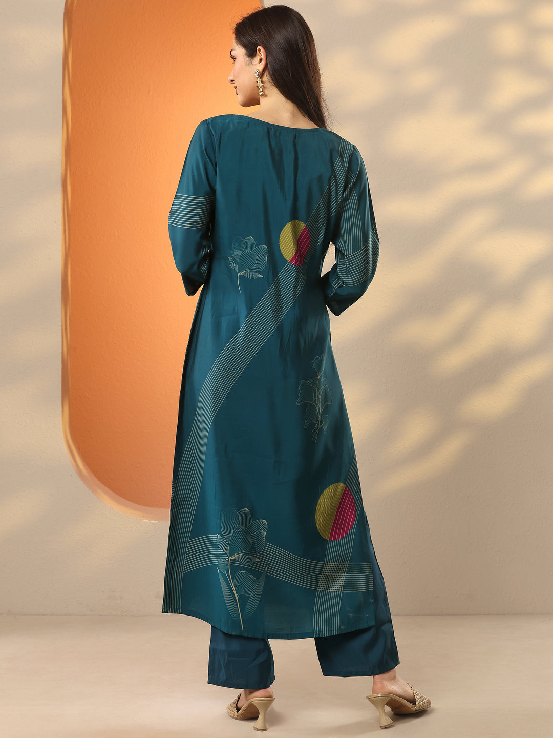Blue Printed Silk Blend Straight Kurta