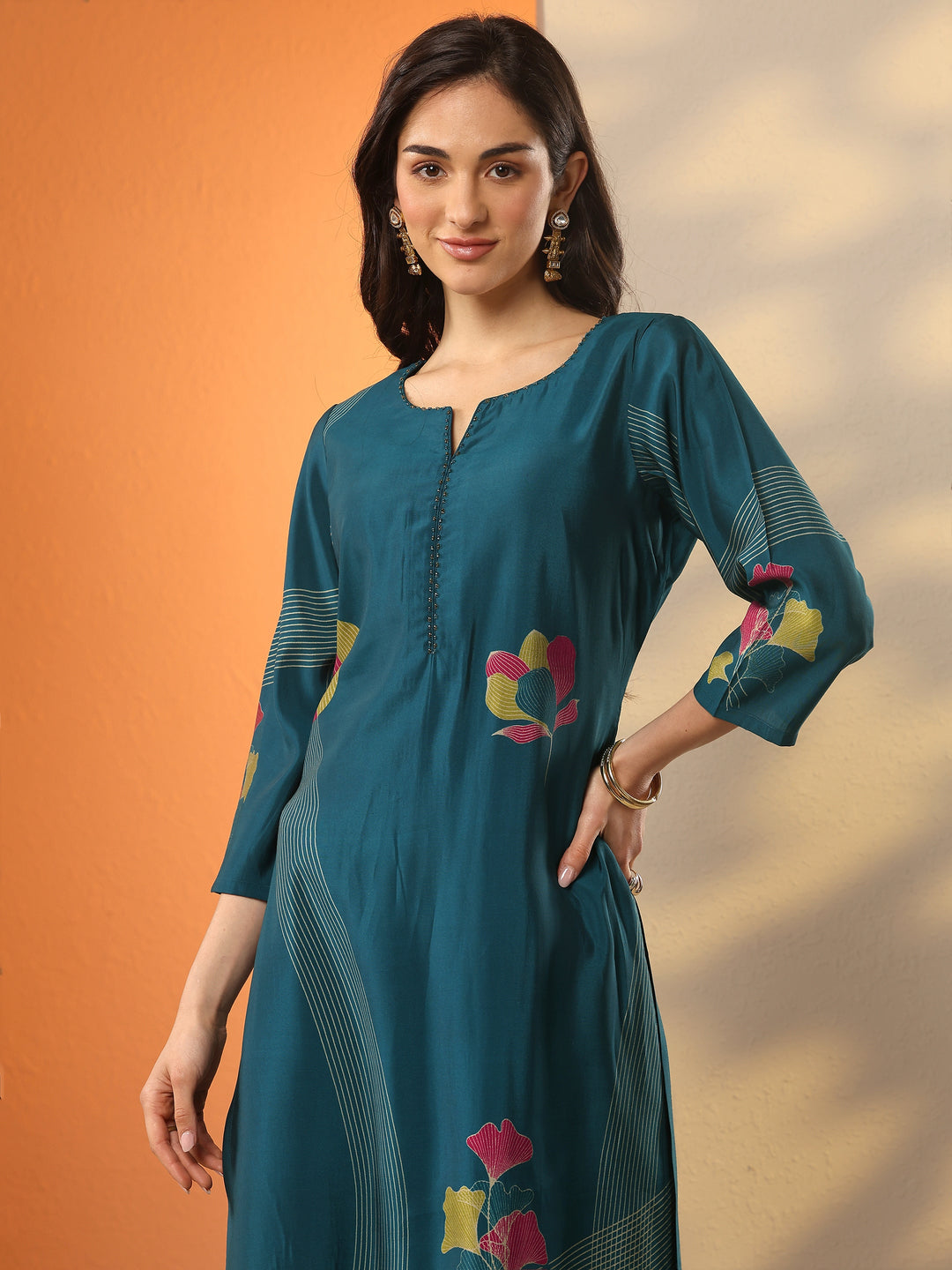 Blue Printed Silk Blend Straight Kurta