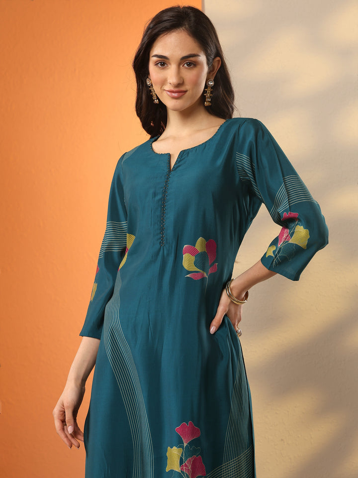 Blue Printed Silk Blend Straight Kurta