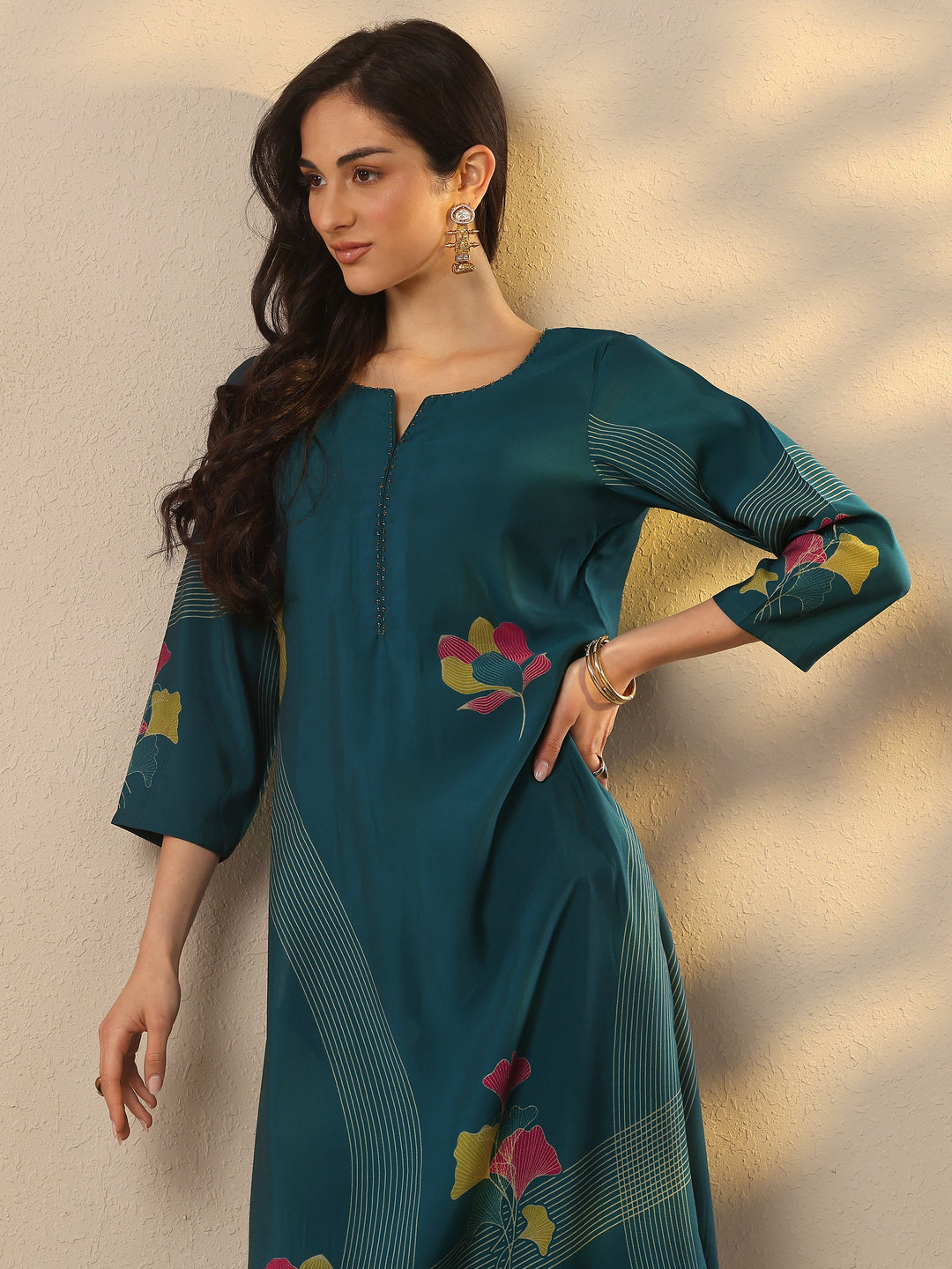 Blue Printed Silk Blend Straight Kurta